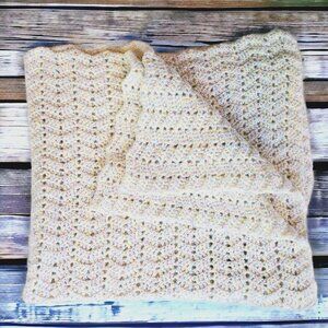 Handmade Crocheted Baby‎ Afghan Chevron Rainbow Threads White Blanket 35" x 39"